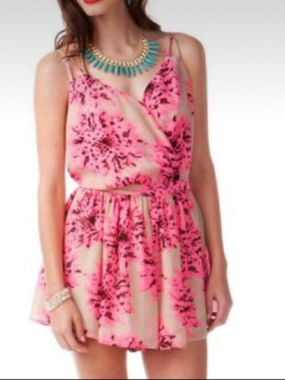 Jun & Ivy tan and pink floral open back romper. Size Small